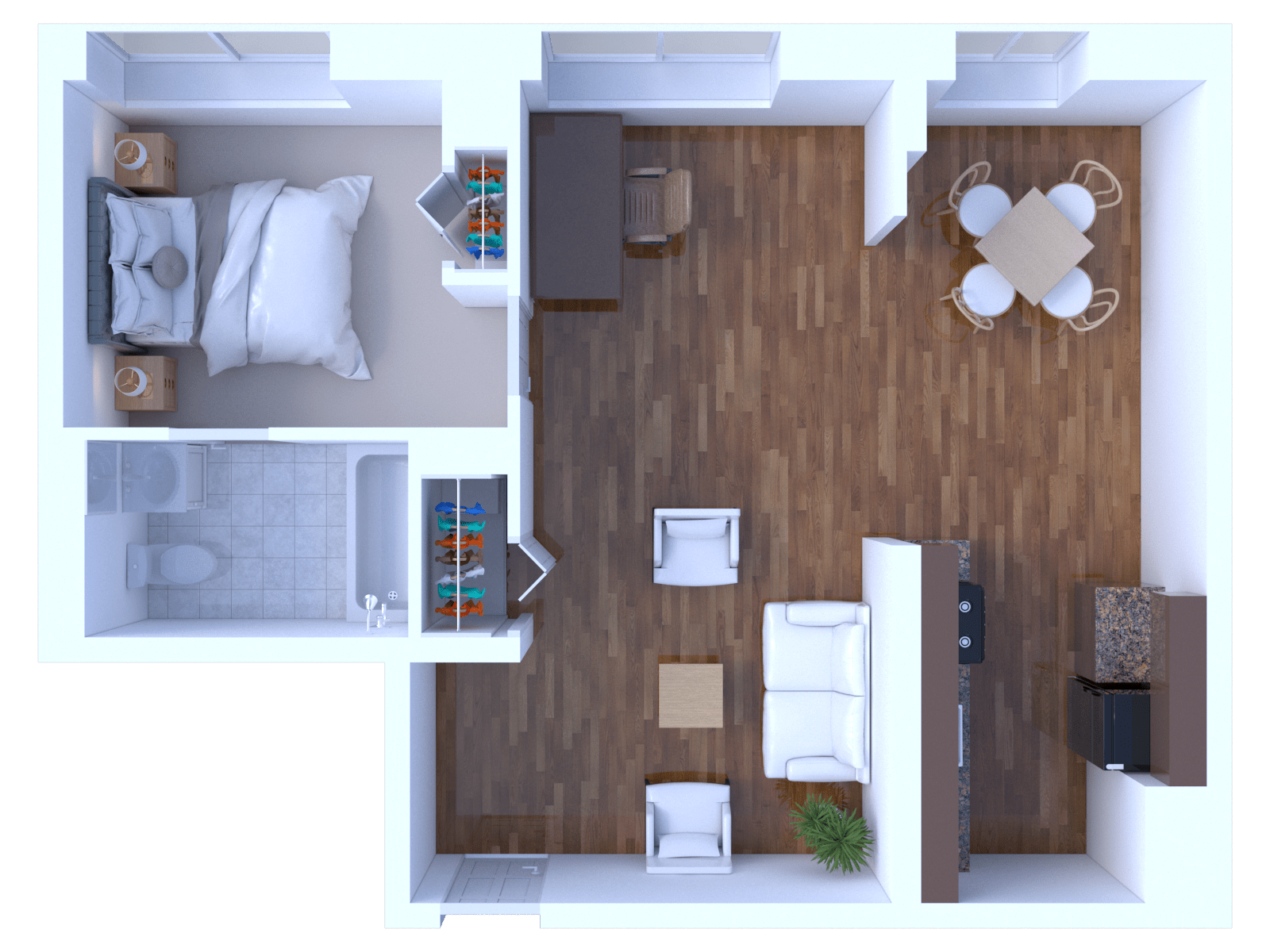 Floor plan for 1 bed, 1 bath, 580 sqft